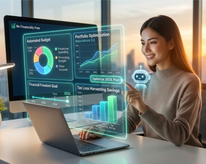 Woman using a futuristic holographic interface for automated financial planning and investing. This visual demonstrates how to use AI for personal financial planning 2026 by showing predictive budgeting and robo-advisor tools.