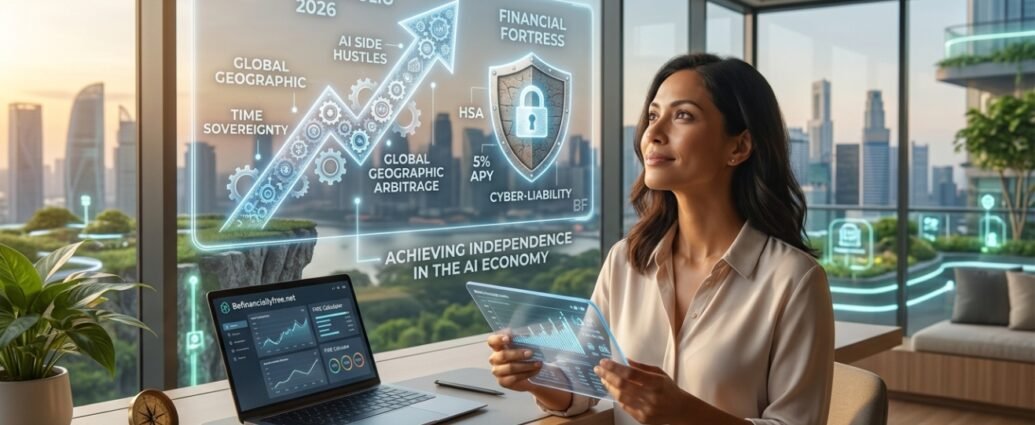 Woman viewing holographic financial freedom roadmap 2026 on befinanciallyfree.net.