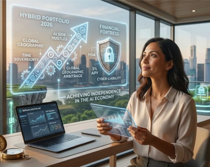 Woman viewing holographic financial freedom roadmap 2026 on befinanciallyfree.net.