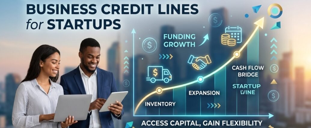 A diverse pair of startup co-founders analyze an upward-trending financial graph labeled 'Funding Growth,' symbolizing the strategic use of business credit lines for startups to manage cash flow.