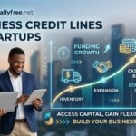 A diverse pair of startup co-founders analyze an upward-trending financial graph labeled 'Funding Growth,' symbolizing the strategic use of business credit lines for startups to manage cash flow.