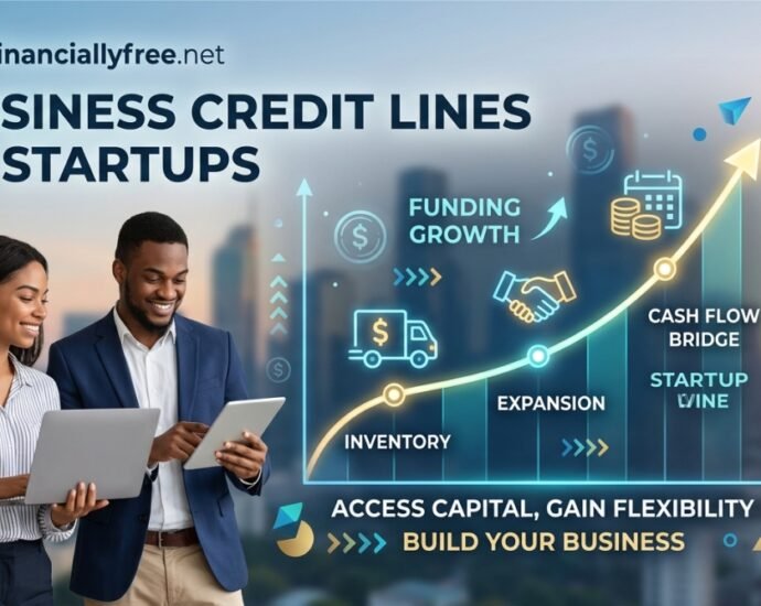 A diverse pair of startup co-founders analyze an upward-trending financial graph labeled 'Funding Growth,' symbolizing the strategic use of business credit lines for startups to manage cash flow.