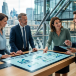 Professional team in a modern office analyzing a digital display showing the best investment banking services for mid-sized firms, including M&A and capital raising charts.