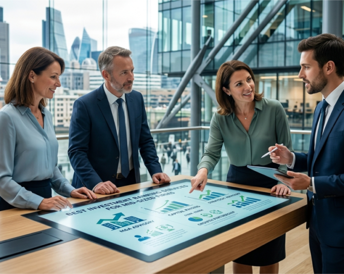 Professional team in a modern office analyzing a digital display showing the best investment banking services for mid-sized firms, including M&A and capital raising charts.