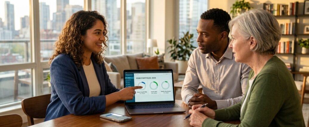 A candid, realistic photograph of a diverse group of three adults (South Asian woman, African American man, older Caucasian woman) sitting in a modern apartment. The woman is pointing to a laptop screen that shows a dashboard with "YOUR PORTFOLIO: 2026" and property icons, discussing fractional real estate investing for beginners.