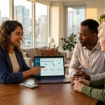 A candid, realistic photograph of a diverse group of three adults (South Asian woman, African American man, older Caucasian woman) sitting in a modern apartment. The woman is pointing to a laptop screen that shows a dashboard with "YOUR PORTFOLIO: 2026" and property icons, discussing fractional real estate investing for beginners.