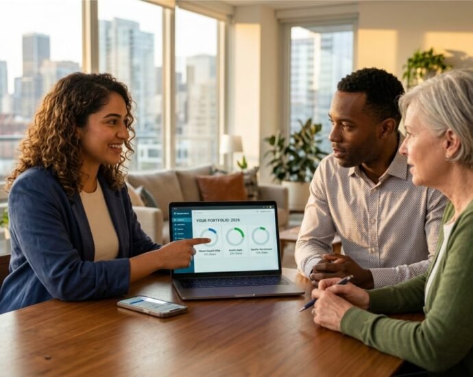 A candid, realistic photograph of a diverse group of three adults (South Asian woman, African American man, older Caucasian woman) sitting in a modern apartment. The woman is pointing to a laptop screen that shows a dashboard with "YOUR PORTFOLIO: 2026" and property icons, discussing fractional real estate investing for beginners.