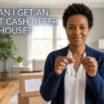 A smiling woman holding house keys in a bright living room with moving boxes labeled "Sold Fast," representing an instant cash offer on a home.
