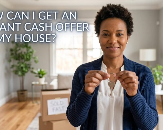 A smiling woman holding house keys in a bright living room with moving boxes labeled "Sold Fast," representing an instant cash offer on a home.