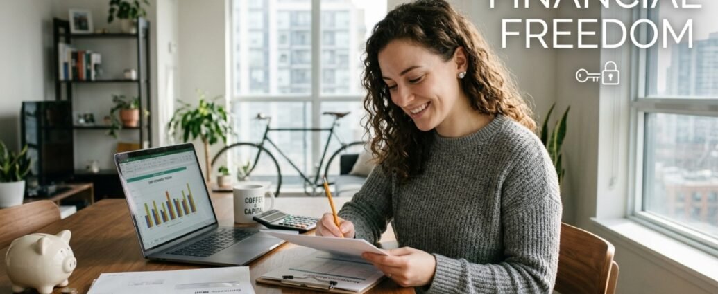 A woman at a desk happily reviews a 'DEBT REPAYMENT TRACKER' checklist, symbolizing taking control of finances to get out of debt and achieve financial freedom. The background includes a piggy bank and a laptop.