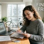 A woman at a desk happily reviews a 'DEBT REPAYMENT TRACKER' checklist, symbolizing taking control of finances to get out of debt and achieve financial freedom. The background includes a piggy bank and a laptop.