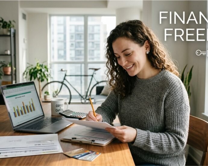 A woman at a desk happily reviews a 'DEBT REPAYMENT TRACKER' checklist, symbolizing taking control of finances to get out of debt and achieve financial freedom. The background includes a piggy bank and a laptop.