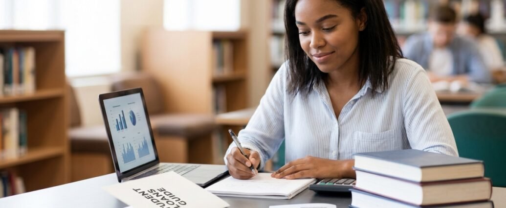Close-up of a student's hand signing a William D. Ford Federal Direct Loan Program document in a library, as detailed in image