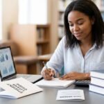 Close-up of a student's hand signing a William D. Ford Federal Direct Loan Program document in a library, as detailed in image