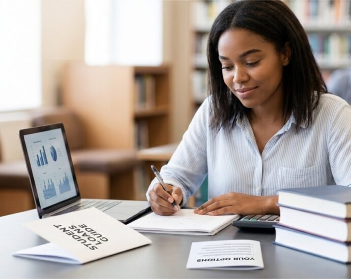 Close-up of a student's hand signing a William D. Ford Federal Direct Loan Program document in a library, as detailed in image