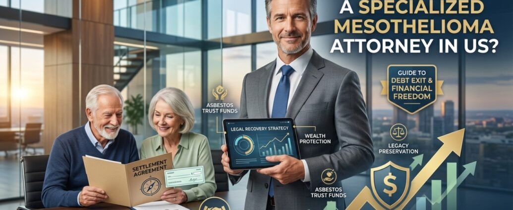 A guide infographic on how to find a specialized mesothelioma attorney in the US to secure trust funds and financial freedom. A lawyer is shown with senior clients in a modern office.