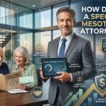A guide infographic on how to find a specialized mesothelioma attorney in the US to secure trust funds and financial freedom. A lawyer is shown with senior clients in a modern office.