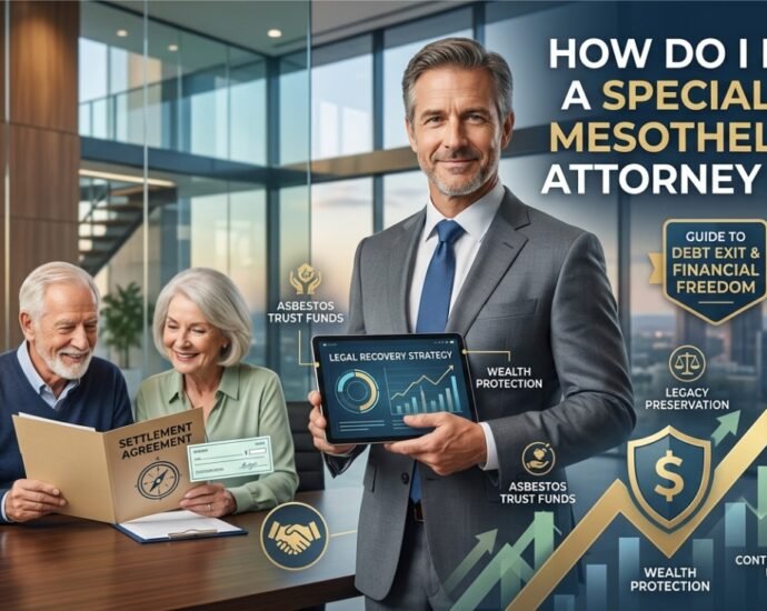 A guide infographic on how to find a specialized mesothelioma attorney in the US to secure trust funds and financial freedom. A lawyer is shown with senior clients in a modern office.