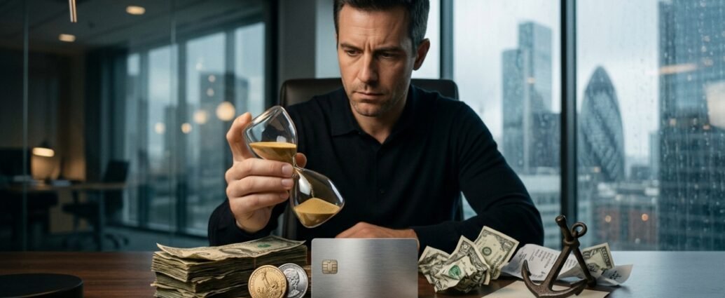 A man at a desk examining an hourglass, a metal anchor, and a credit card, symbolizing cognitive biases in personal finance and the psychology of money.