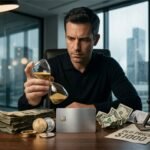 A man at a desk examining an hourglass, a metal anchor, and a credit card, symbolizing cognitive biases in personal finance and the psychology of money.