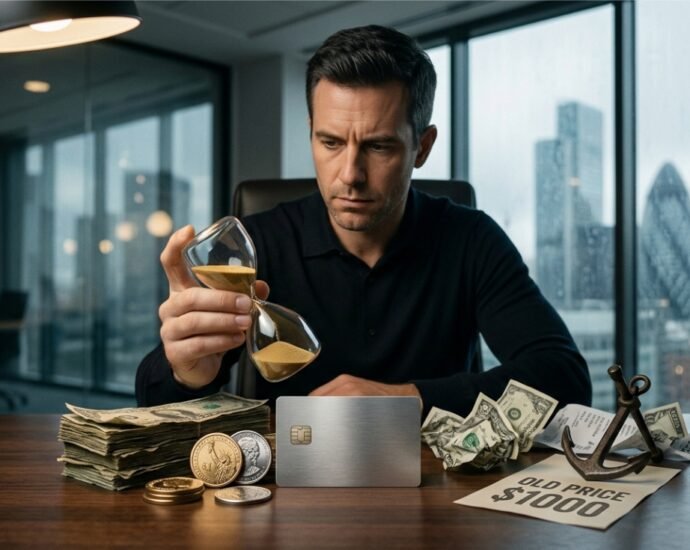 A man at a desk examining an hourglass, a metal anchor, and a credit card, symbolizing cognitive biases in personal finance and the psychology of money.