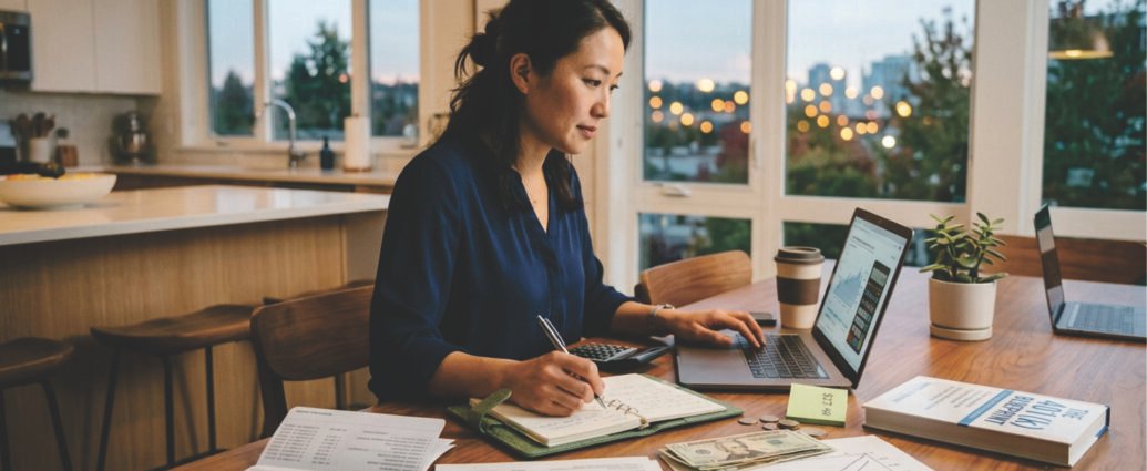 A woman sitting at a kitchen table managing her personal finances with a laptop, calculator, and notebook.