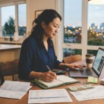 A woman sitting at a kitchen table managing her personal finances with a laptop, calculator, and notebook.