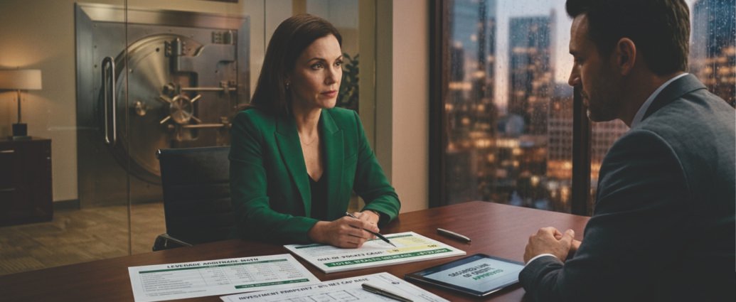 A professional woman in a green blazer discussing financial leverage and asset-backed lines of credit with a private banker across a modern boardroom table.
