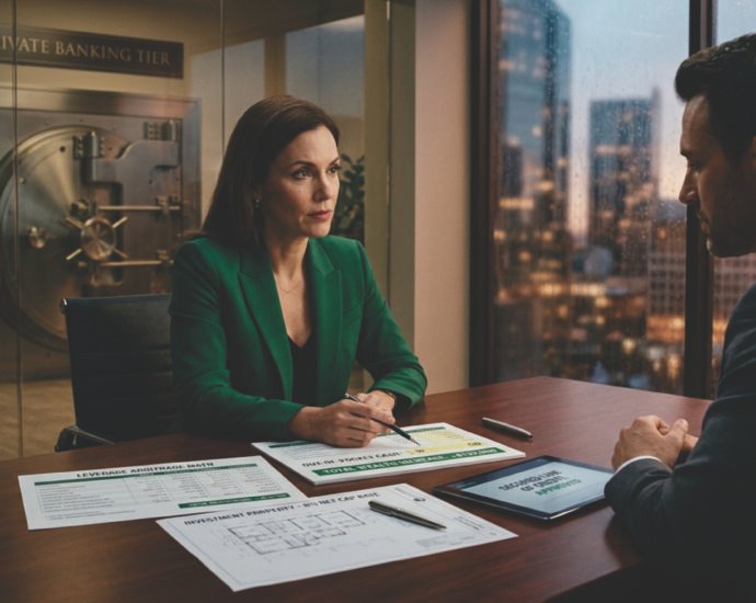 A professional woman in a green blazer discussing financial leverage and asset-backed lines of credit with a private banker across a modern boardroom table.